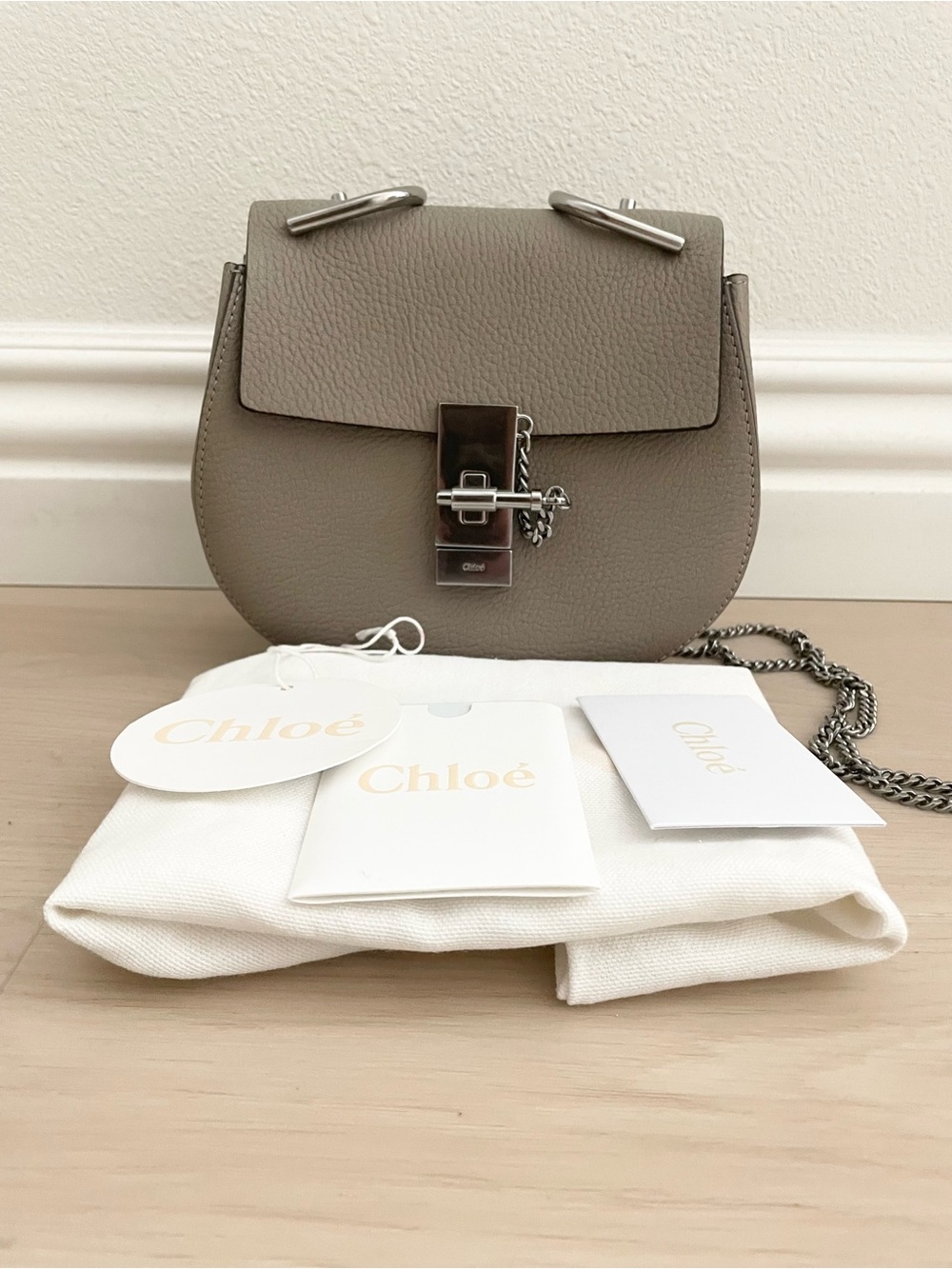 CHLOE Drew Motty Gray Pebbled Leather shoulder bag silver tone hardware